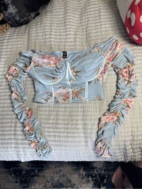 Windsor Light Blue Floral Ruched Long-Sleeve Crop Top